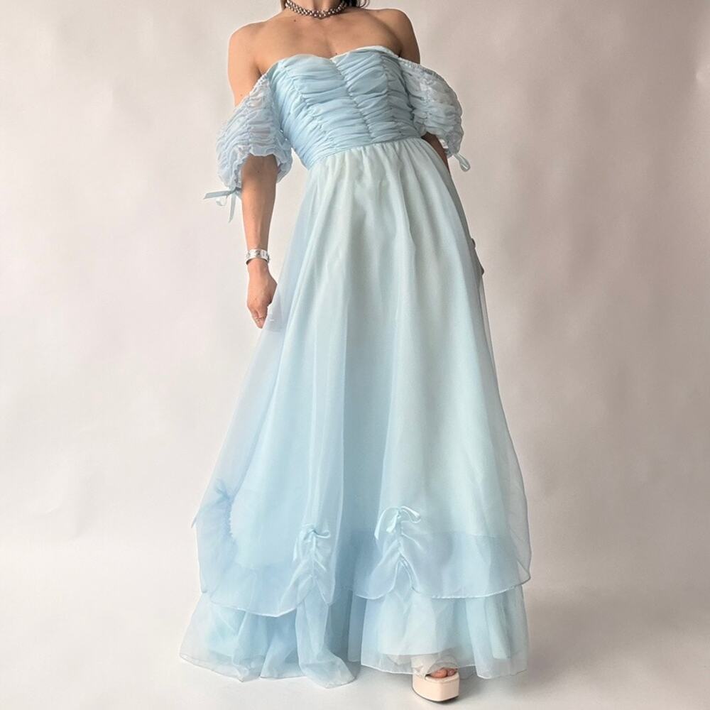 Roberta of California Vintage Powder Blue Ruched Off-Shoulder Gown